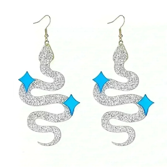 Jewelry - Glittery Silver Snake Oversized Earrings, Festival, Christmas, New Year’s, Party